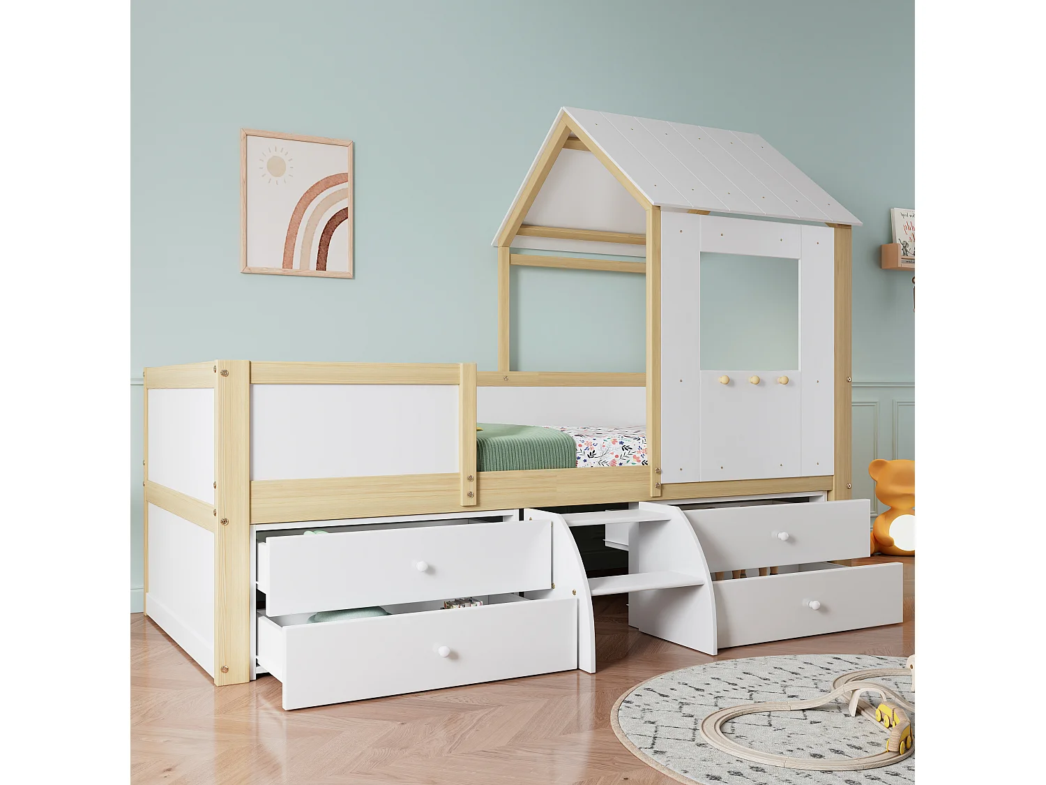 Łóżko dziecięce średniej wysokości - 90 x 200 cm - z 4 szufladami i małymi schodkami - sosna + MDF + sklejka - białe