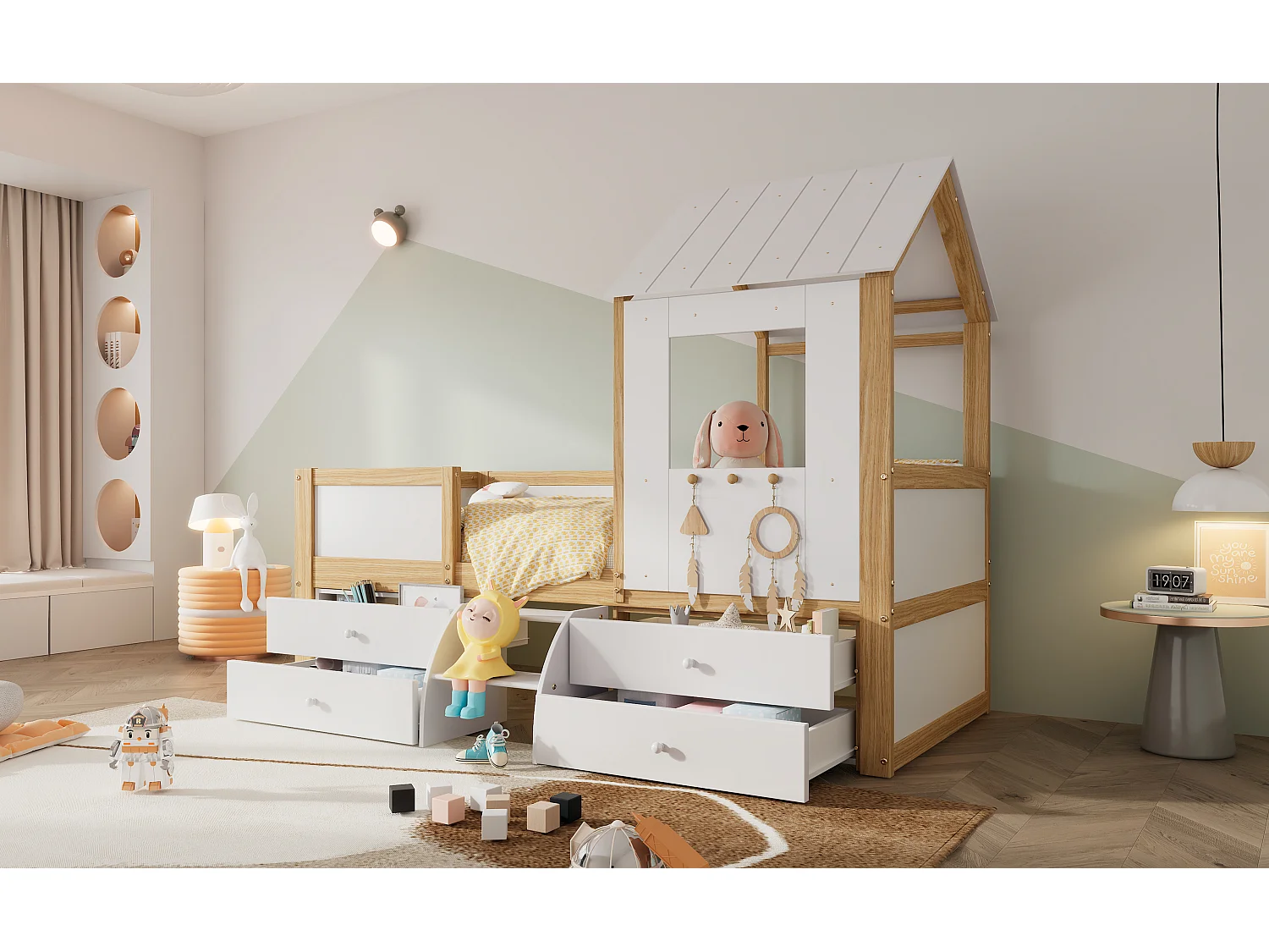 Łóżko dziecięce średniej wysokości - 90 x 200 cm - z 4 szufladami i małymi schodkami - sosna + MDF + sklejka - białe