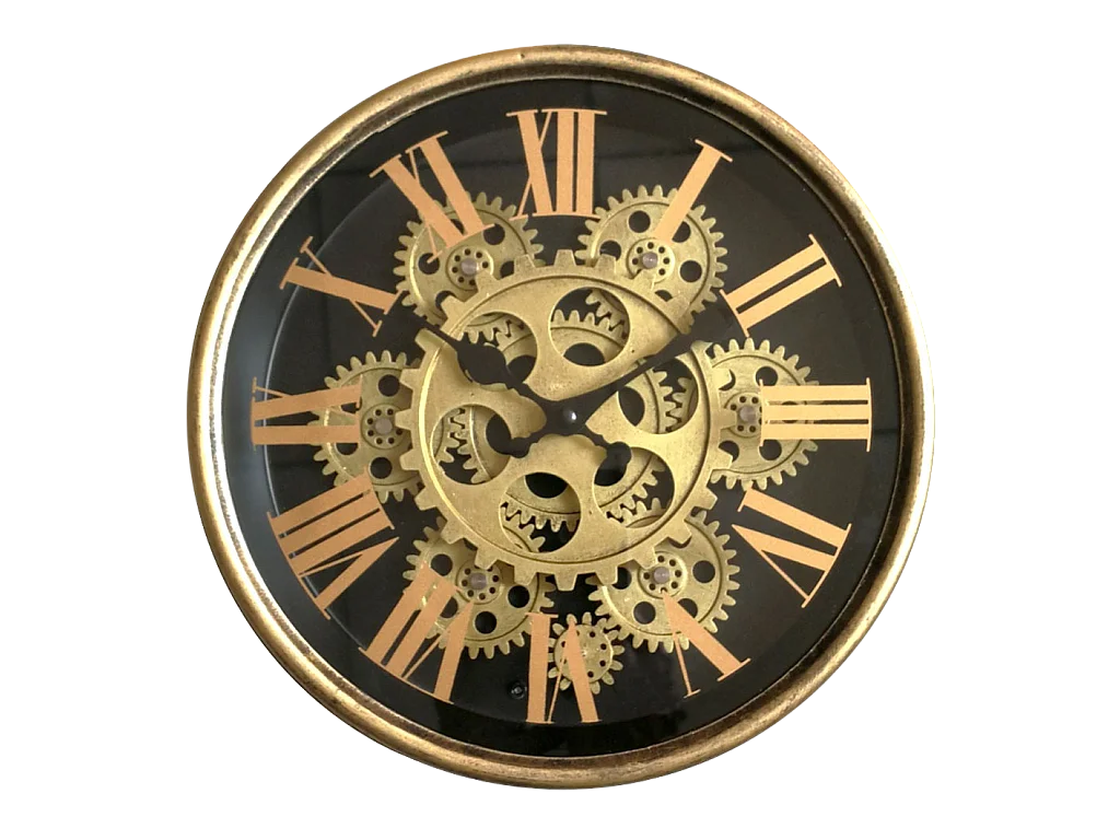 Horloge métal mécanismes noir contour doré 25x6x25cm