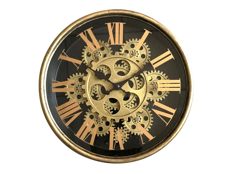 Horloge métal mécanismes noir contour doré 25x6x25cm