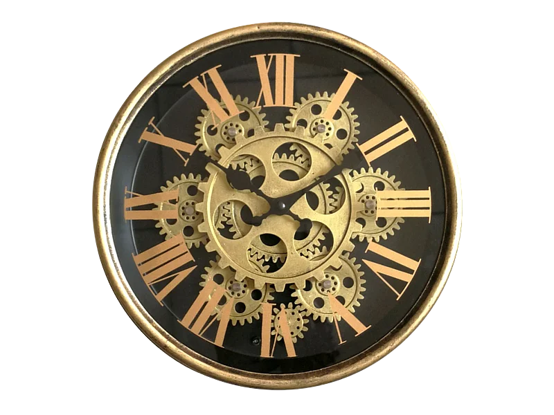 Horloge métal mécanismes noir contour doré 25x6x25cm