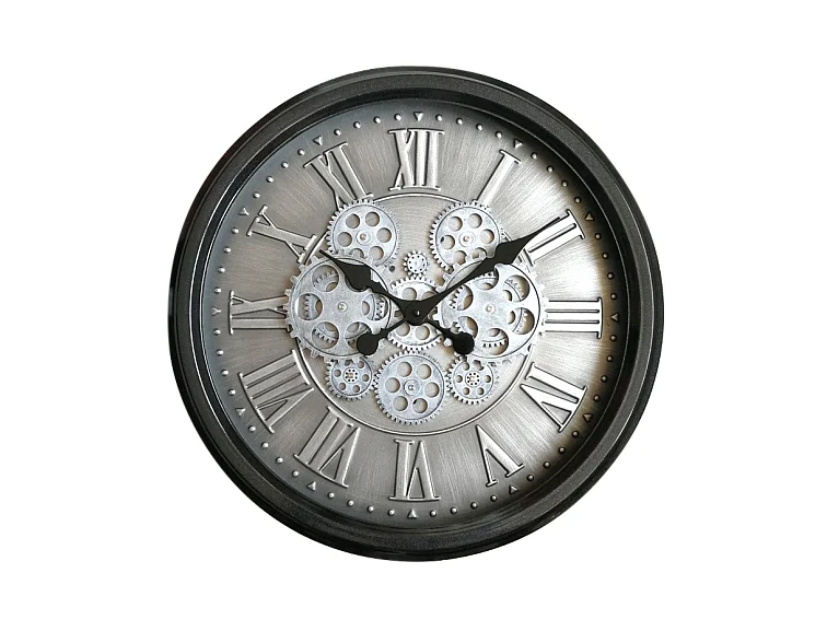 Horloge mécanismes noir fond argenté 52.5cm