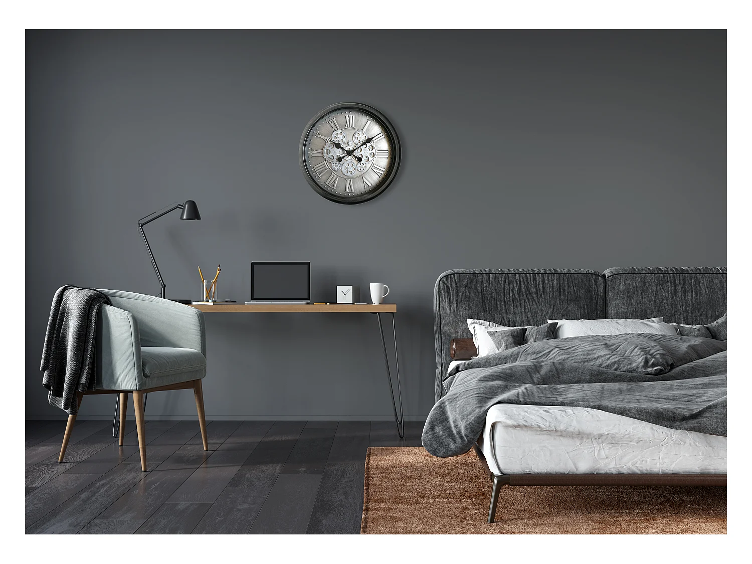 Horloge mécanismes noir fond argenté 52.5cm