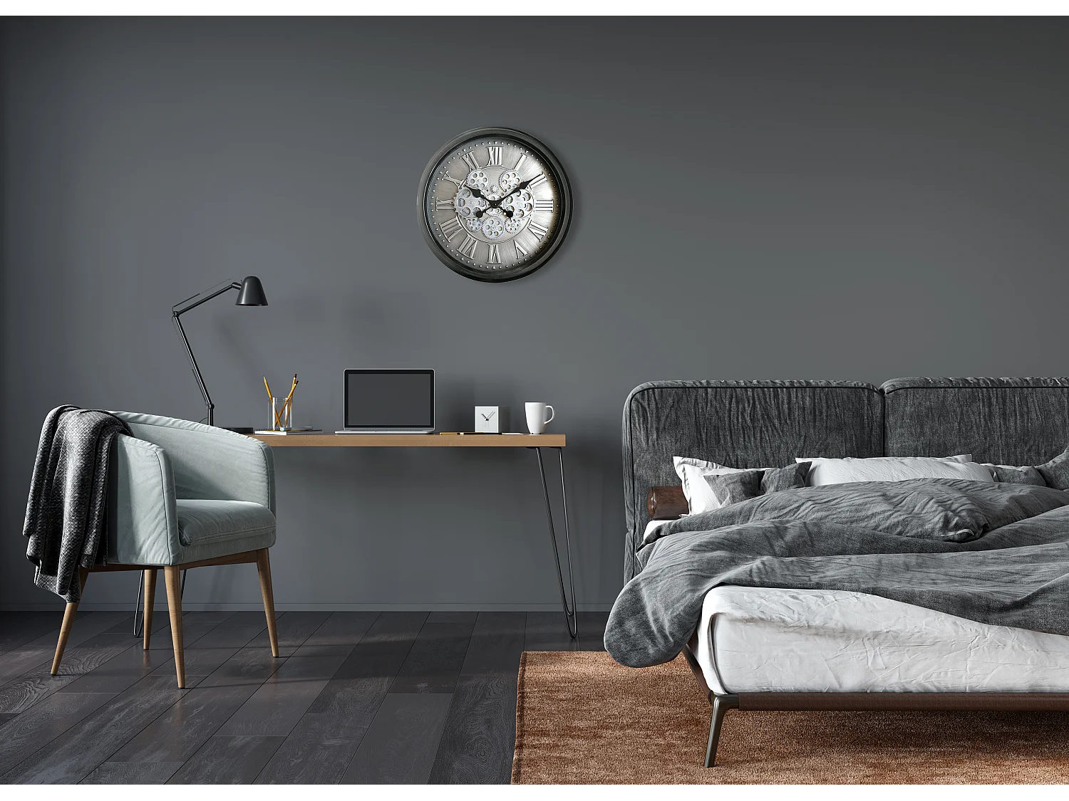 Horloge mécanismes noir fond argenté 52.5cm