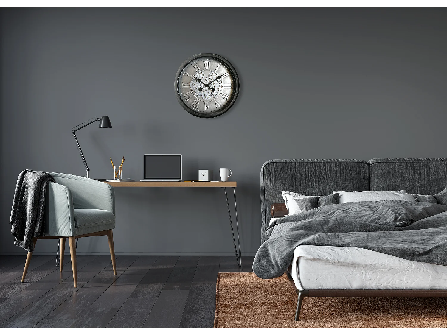 Horloge mécanismes noir fond argenté 52.5cm