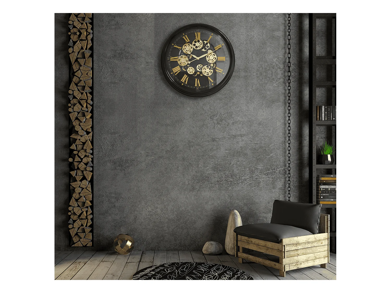 Horloge mécanismes noir et doré 80cm