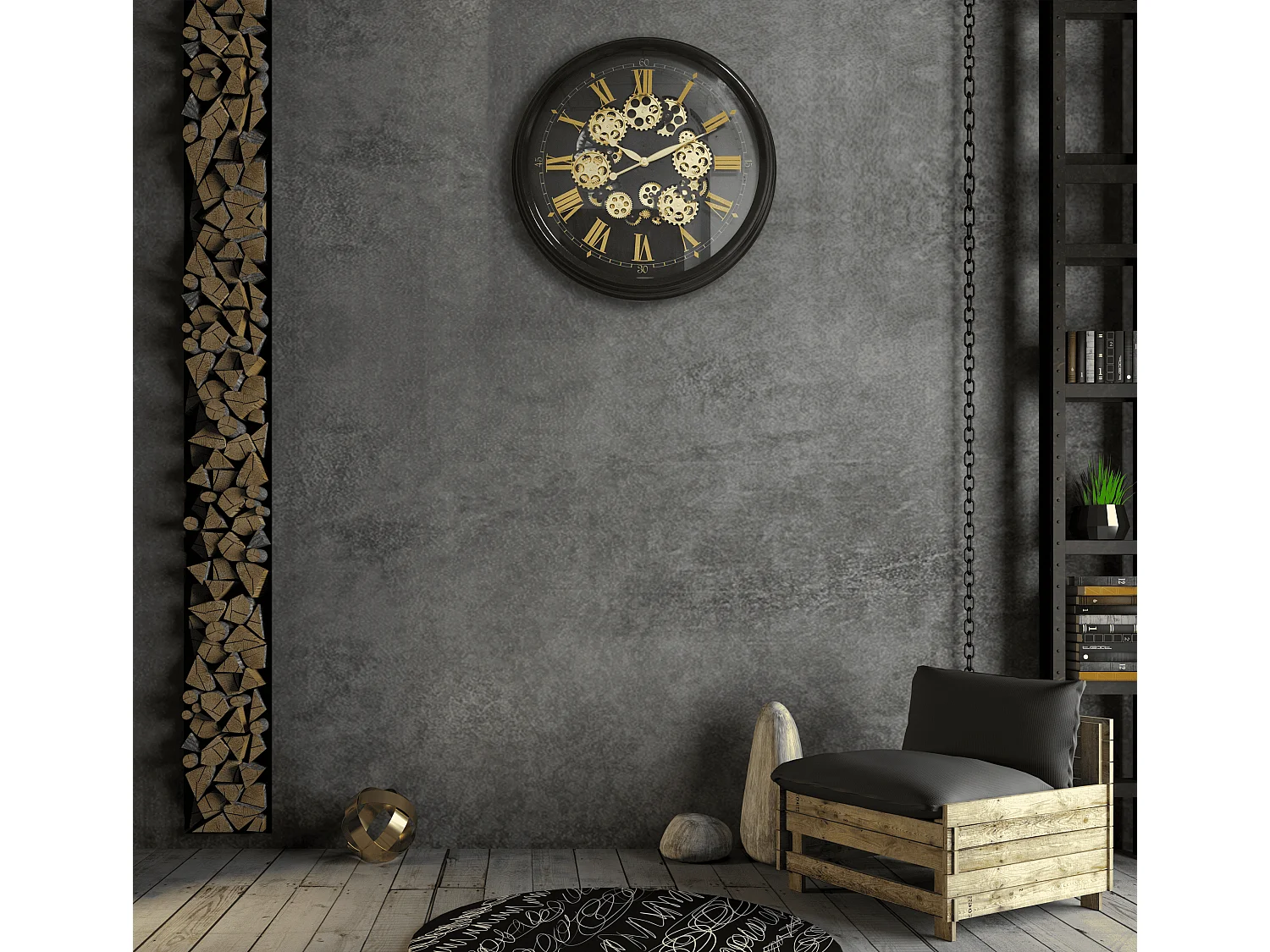 Horloge mécanismes noir et doré 80cm