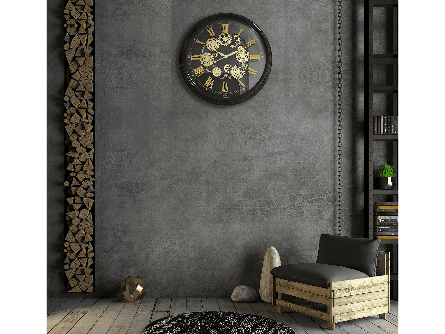 Horloge mécanismes noir et doré 80cm