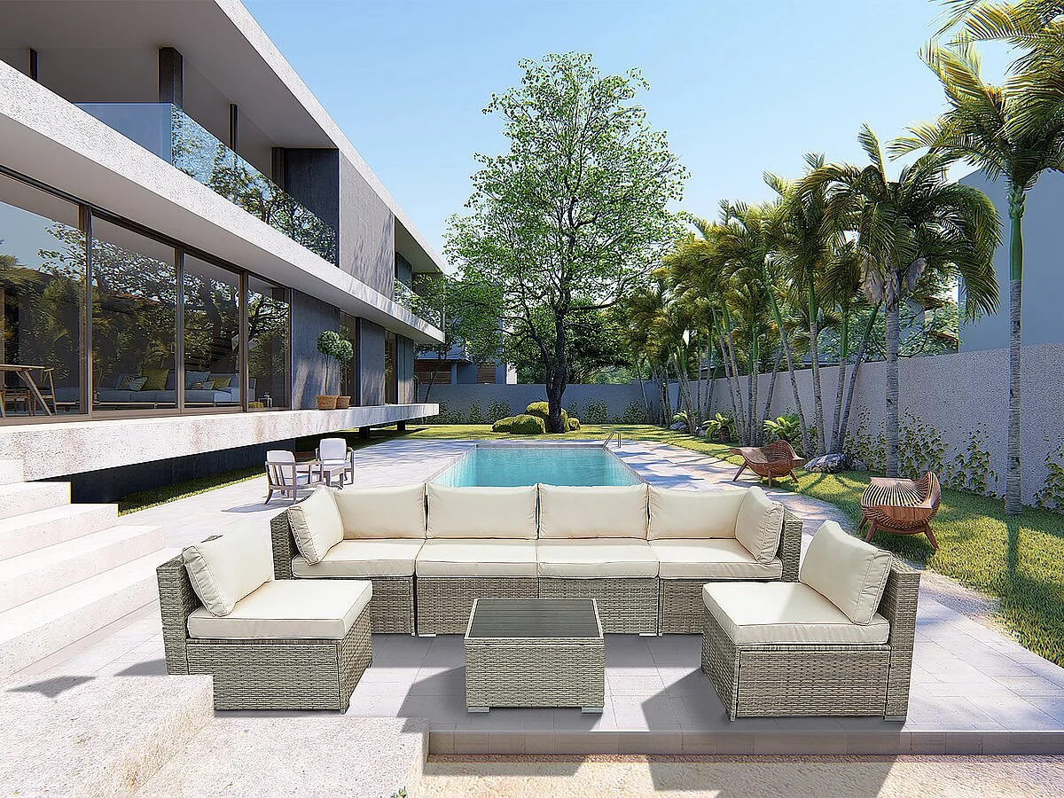 Panoramische loungeset van gevlochten kunsthars "Elia" - 6 plaatsen - Modern en ruim - Beige en Grijs