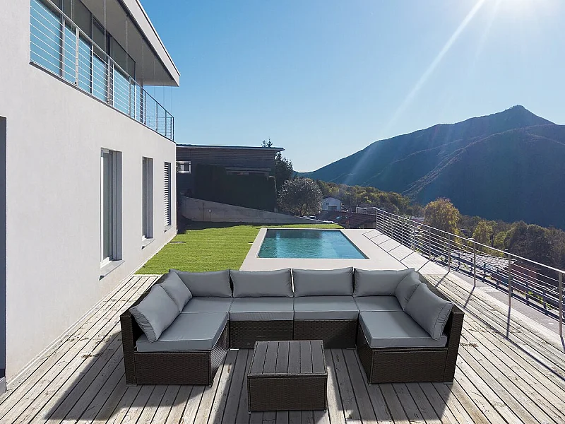 Panoramisch tuinset van gevlochten hars "Océane" - 6 plaatsen - Bruin Modern en ruim