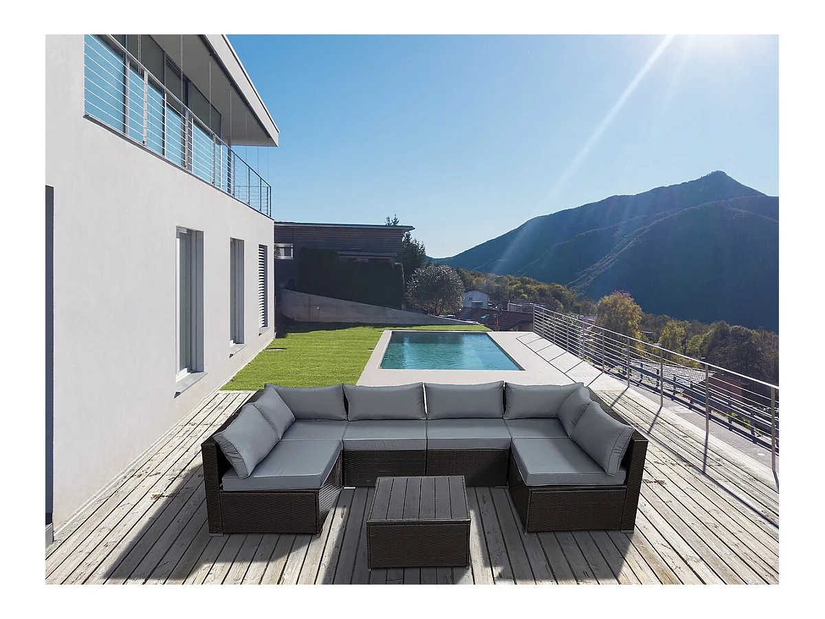 Panoramisch tuinset van gevlochten hars "Océane" - 6 plaatsen - Bruin Modern en ruim