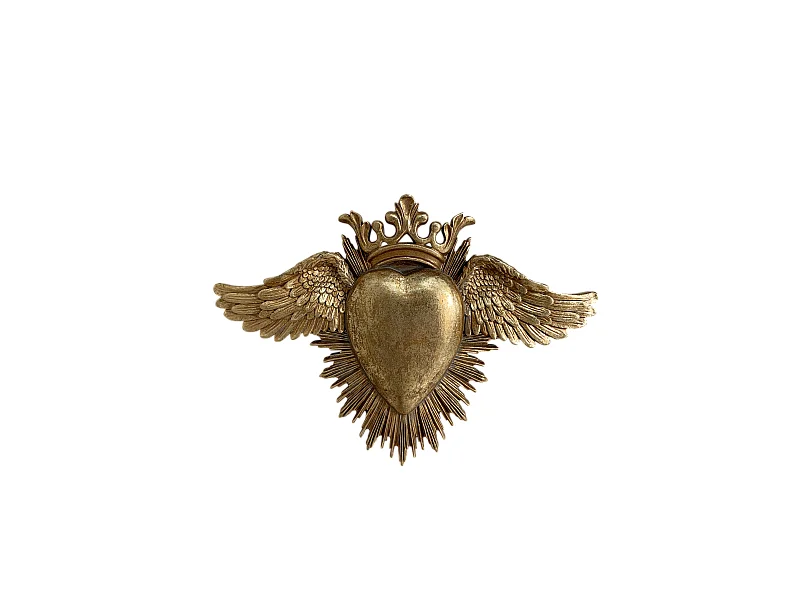 Déco murale ex-voto coeur ailes doré 24,5x17,5cm