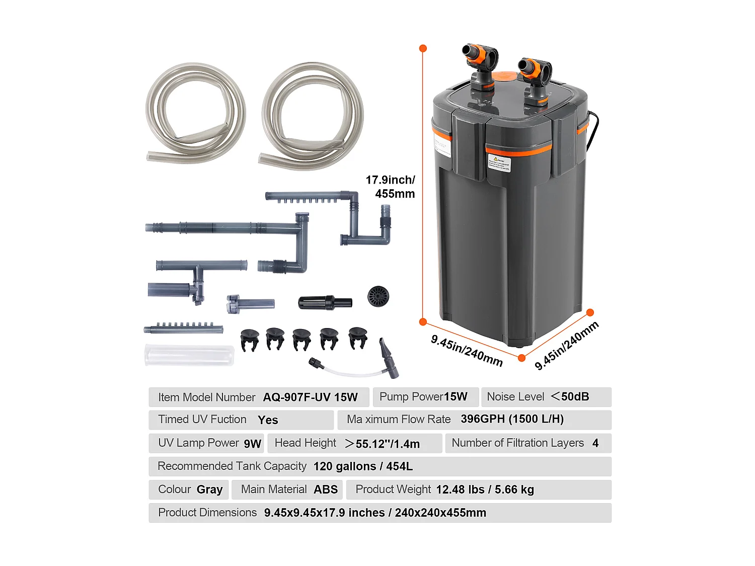 Filtre SucceBuy Filtre à Cartouche pour Aquarium de 120 Gallons, Lampe UV de 15 W, Aquarium Silencieux