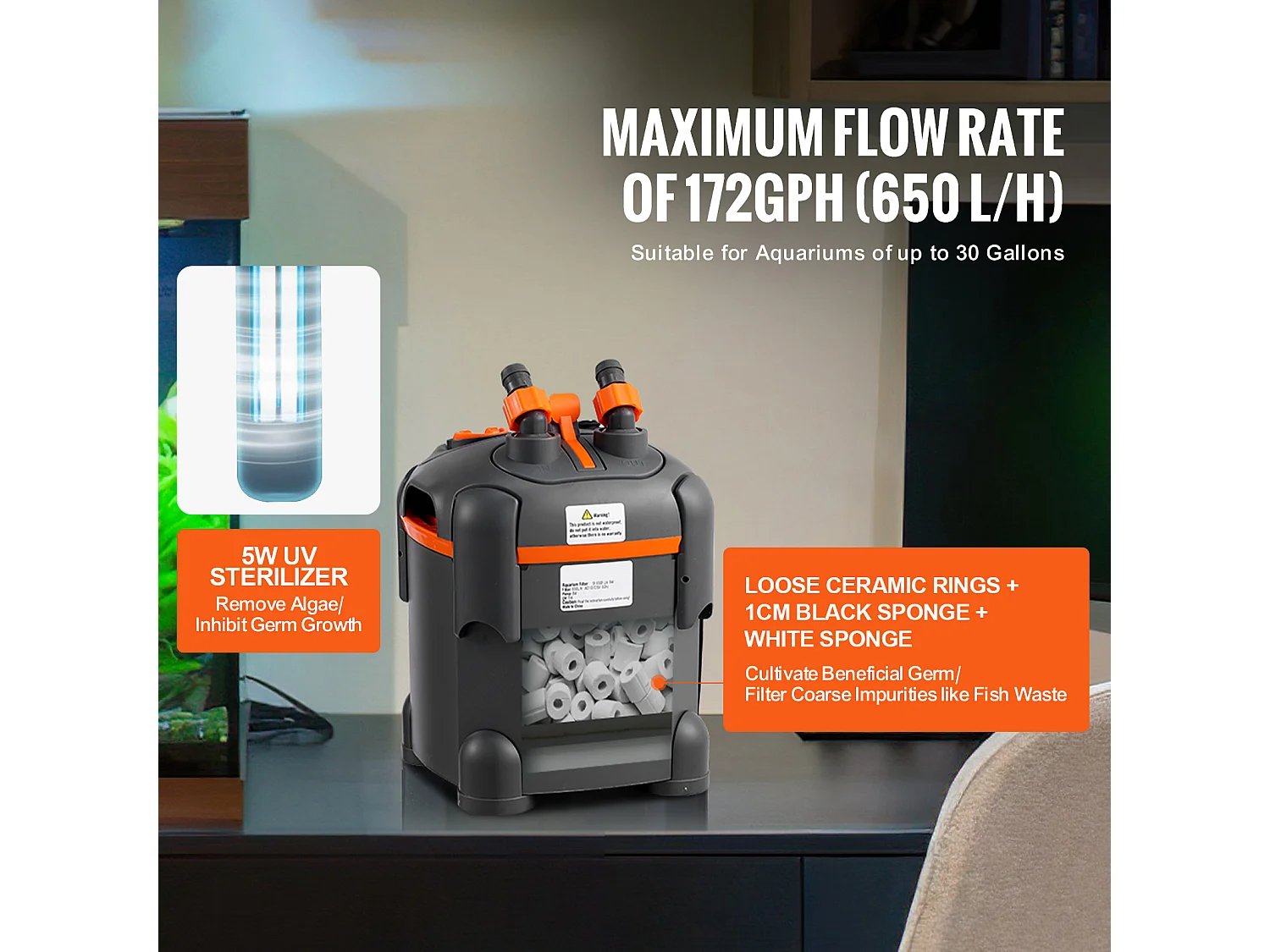 Filtre SucceBuy Filtre à Cartouche pour Aquarium de 30 Gallons, Lampe UV 8 W, Aquarium Silencieux