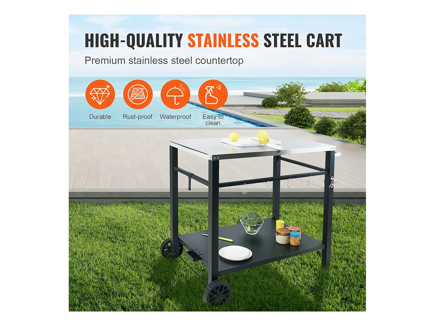 Barbecue à Gaz SucceBuy Chariot de Salle à Manger pour Barbecue D'extérieur , Chariot de Préparation des Aliments Mobile à Double Etagère