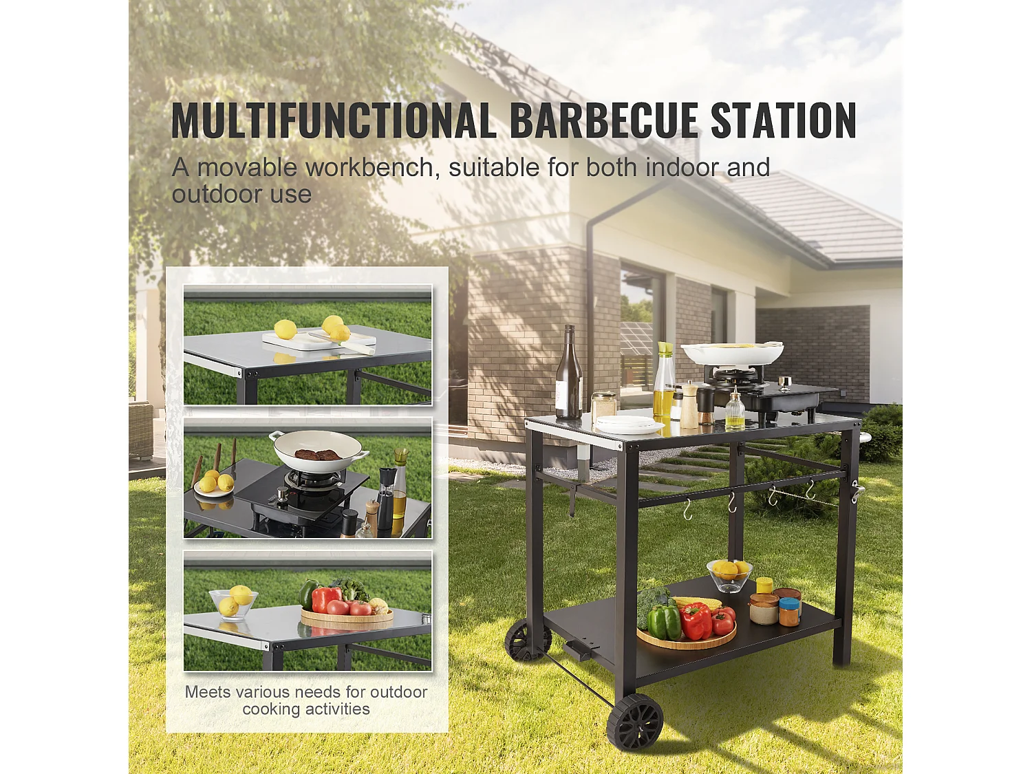 Barbecue a Gas SucceBuy Carrello per Barbecue All'aperto, Carrello per Barbecue a Doppio Ripiano, Preparazione dei Cibi Mobile, Terrazza