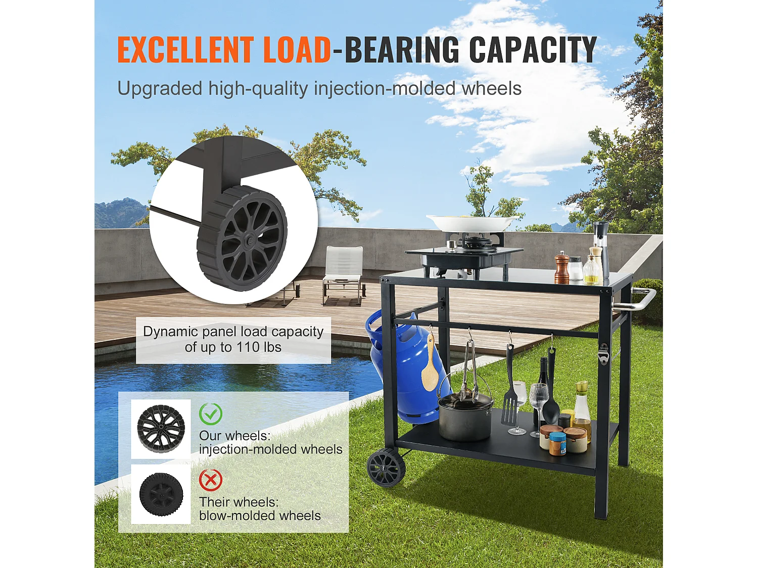 Barbecue a Gas SucceBuy Carrello per Barbecue All'aperto, Carrello per Barbecue a Doppio Ripiano, Preparazione dei Cibi Mobile, Terrazza