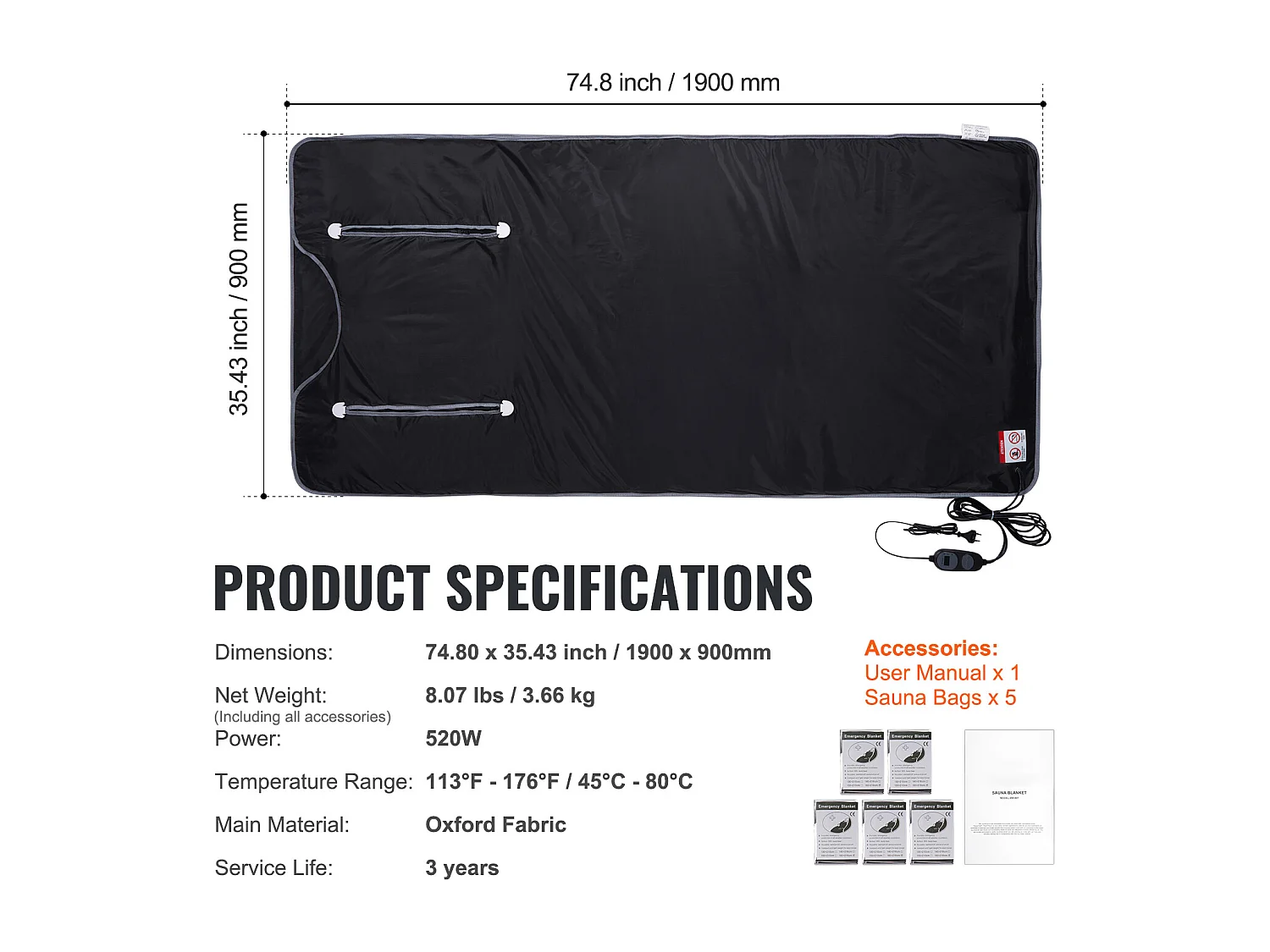 Couverture, SucceBuy Couverture de Sauna 190x90 CM Chauffage Infrarouge Lointain Avec Trous pour Les Bras, Tissu Oxford