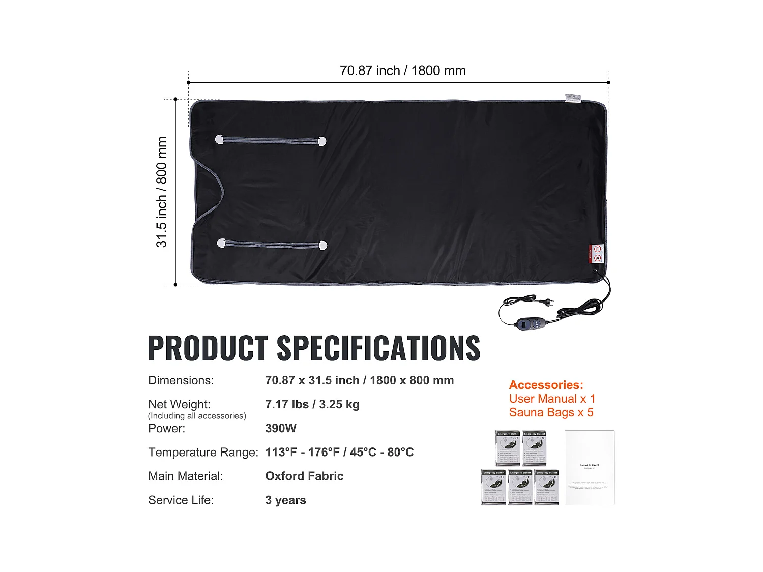 Couverture, SucceBuy Couverture de sauna 180x80 CM, Infrarouge Lointain, Emmanchures, Détox, Oxford