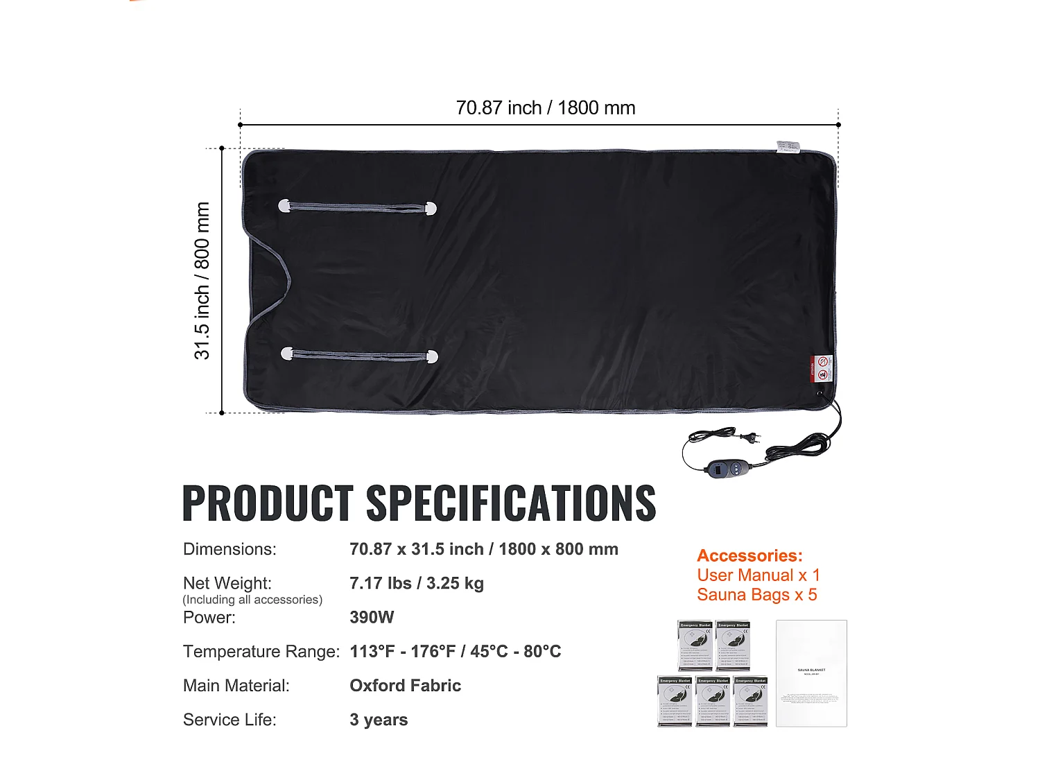 Couverture, SucceBuy Couverture de sauna 180x80 CM, Infrarouge Lointain, Emmanchures, Détox, Oxford