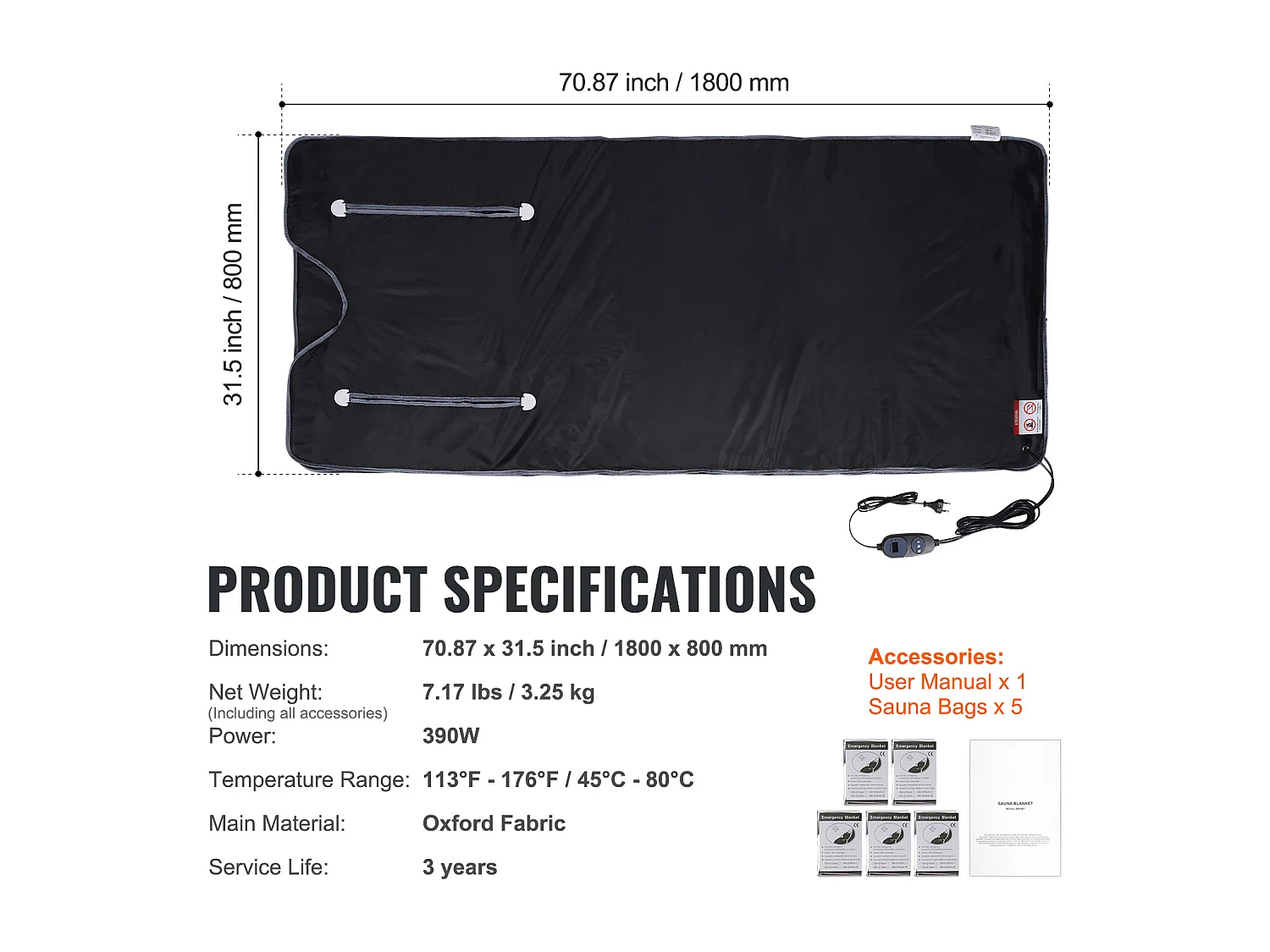 Couverture, SucceBuy Couverture de sauna 180x80 CM, Infrarouge Lointain, Emmanchures, Détox, Oxford