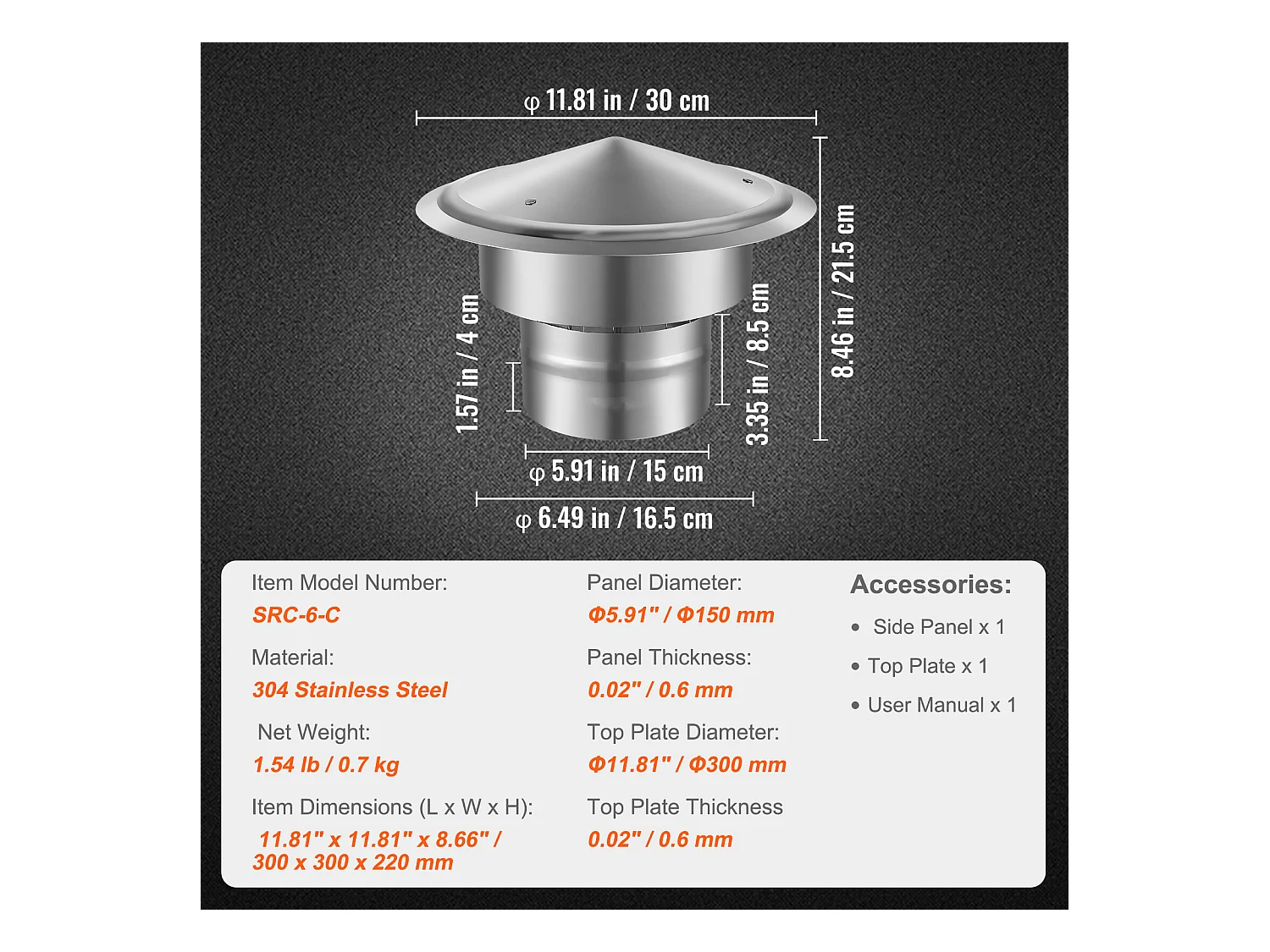 Cheminée SucceBuy Chapeau de Cheminée de 15.24CM, Protection contre La Pluie pour Toit Rond en Acier Inoxydable 304, Argent
