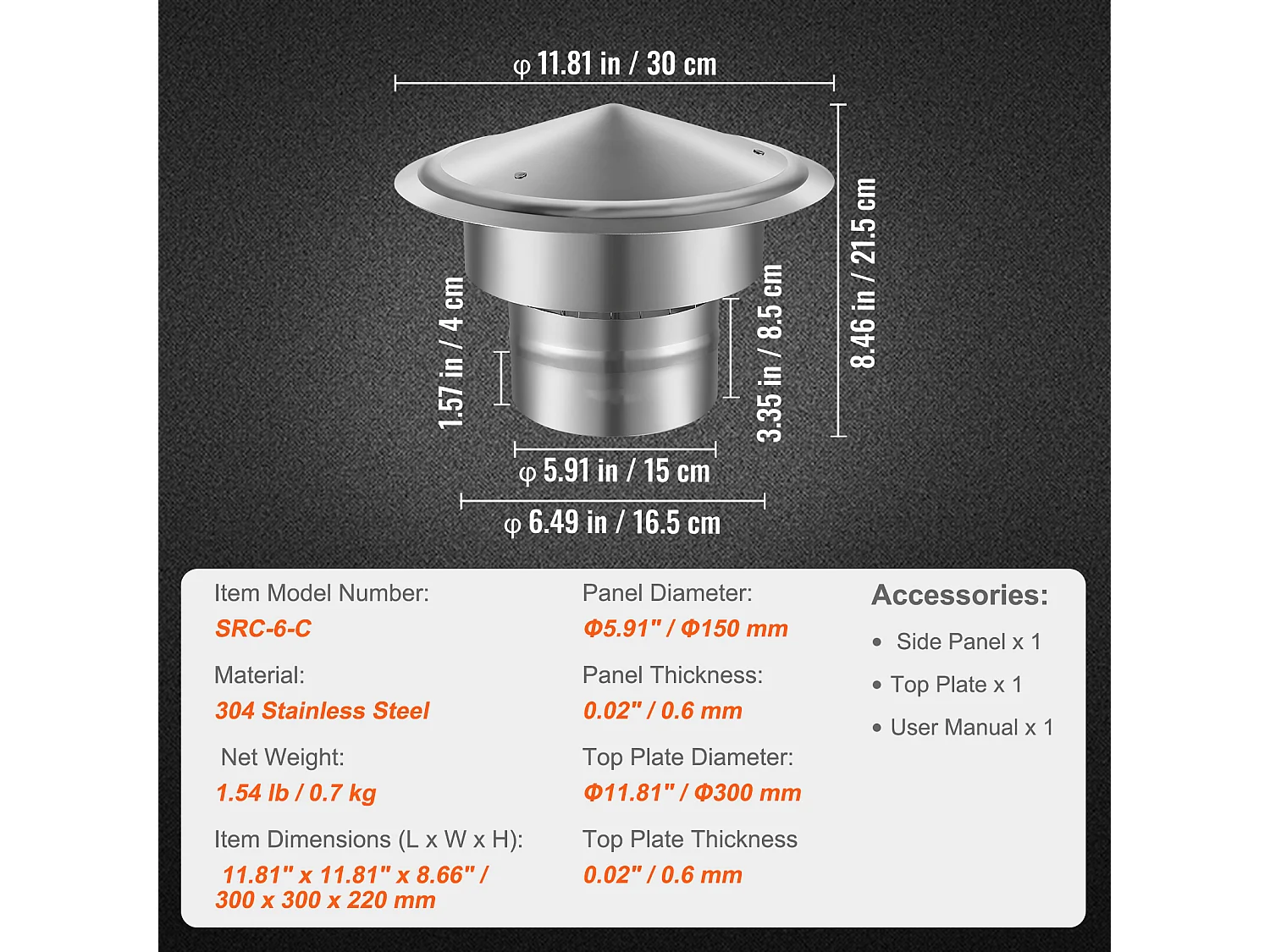 Cheminée SucceBuy Chapeau de Cheminée de 15.24CM, Protection contre La Pluie pour Toit Rond en Acier Inoxydable 304, Argent