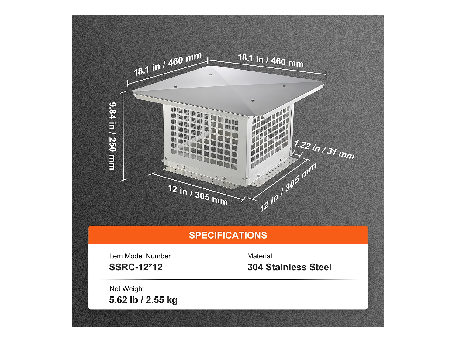 Cheminée SucceBuy Chapeau de Cheminée 30.5 X 30.5 CM, Couvercle de Conduit en Acier Inoxydable 304, Maille