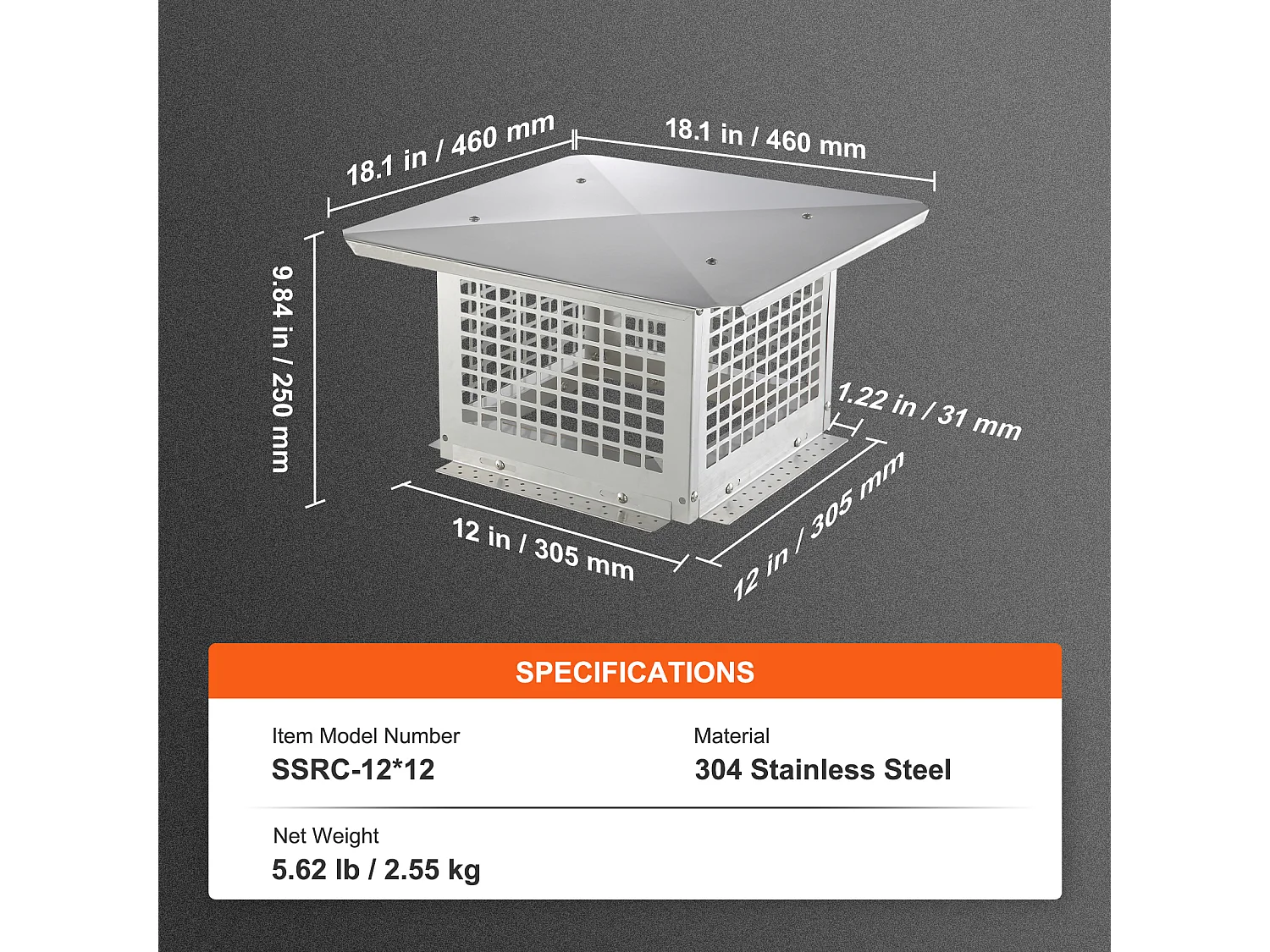 Chimenea SucceBuy Tapón de Chimenea 30.5 X 30.5 CM, Cubierta de Conducto en Acero Inoxidable 304, Malla