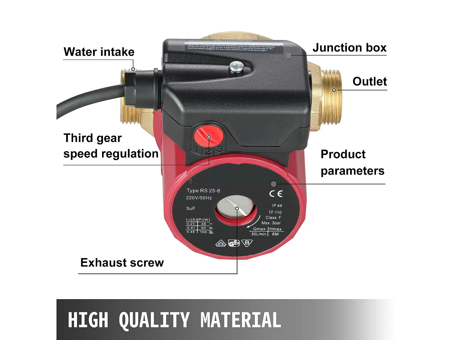 Pompe de Circulation d'Eau Solaire en Laiton SucceBuy LPS20-12-100 à 3 Vitesses