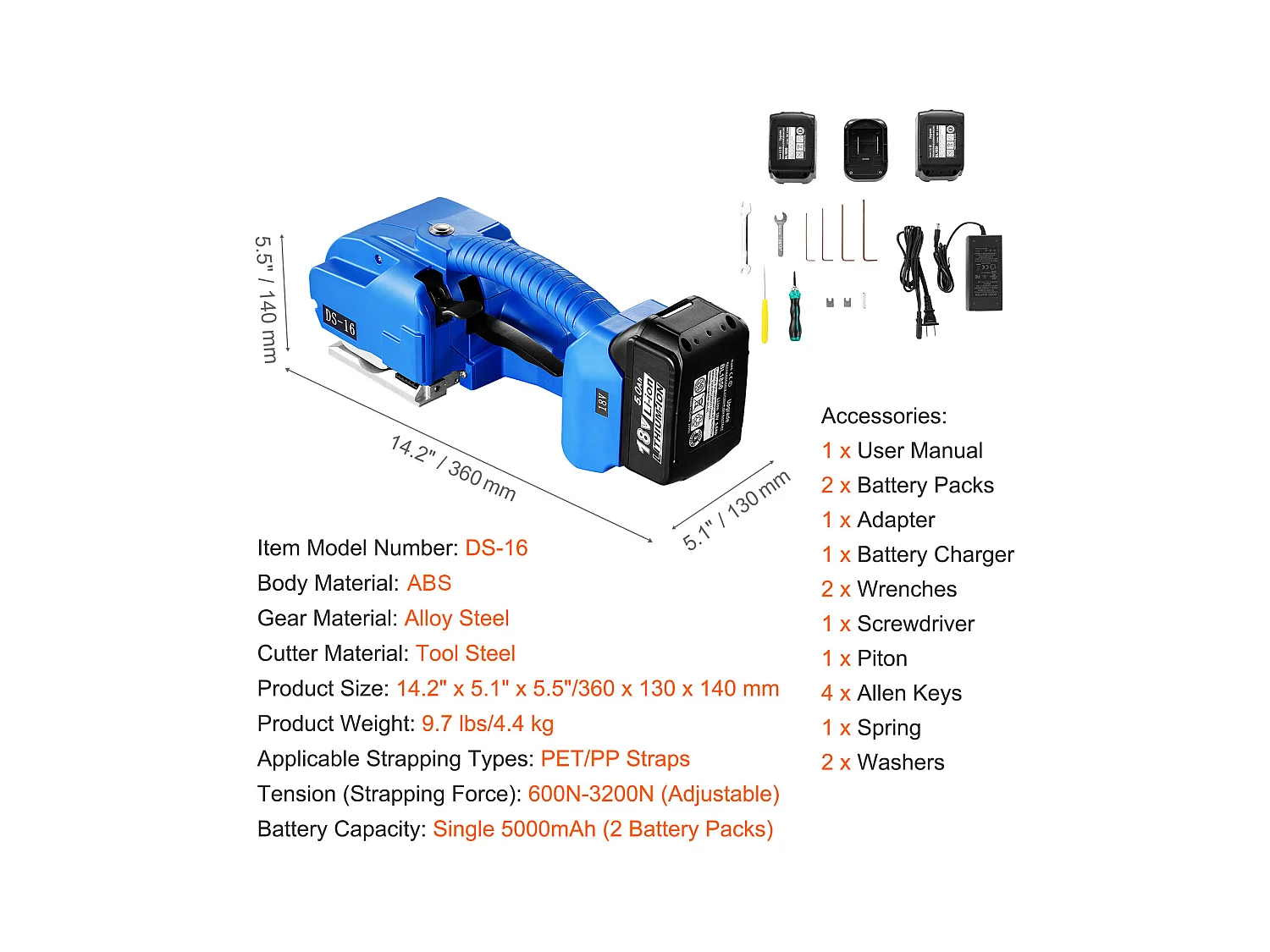Flejadora Eléctrica Automática SucceBuy, Bandas PP/PET 0,89-1,6cm, Herramienta de Flejado Automática Alimentada por Batería 2 x 5000 mAh