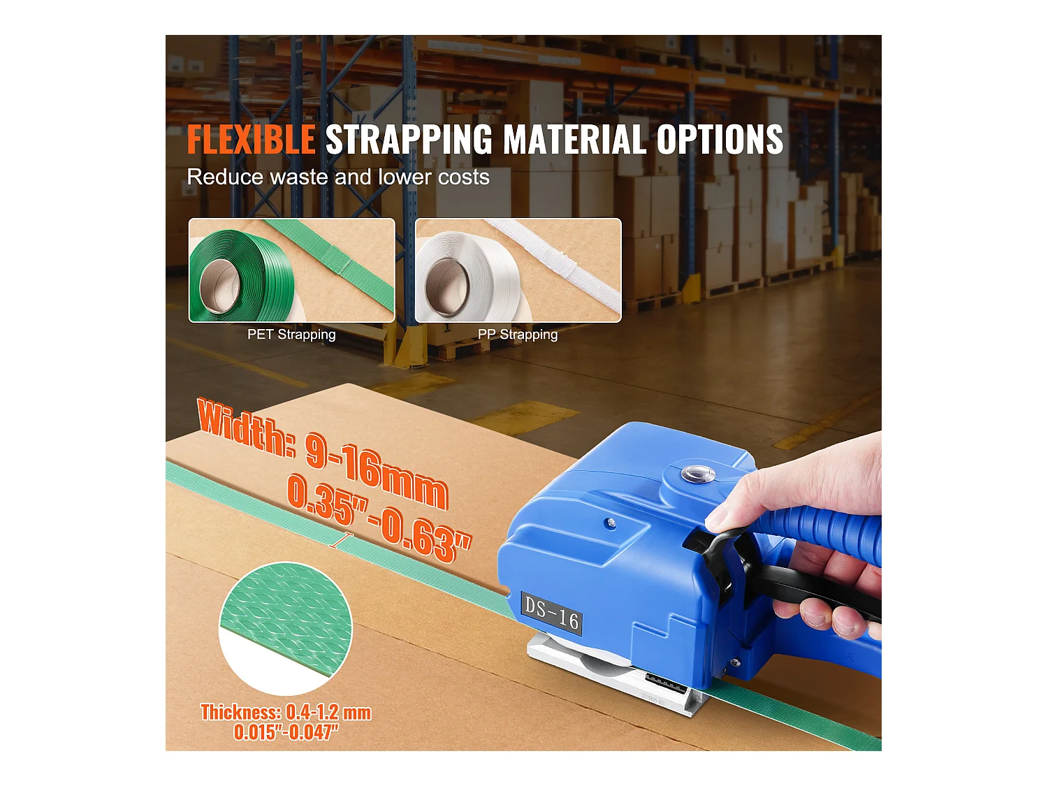 Flejadora Eléctrica Automática SucceBuy, Bandas PP/PET 0,89-1,6cm, Herramienta de Flejado Automática Alimentada por Batería 2 x 5000 mAh