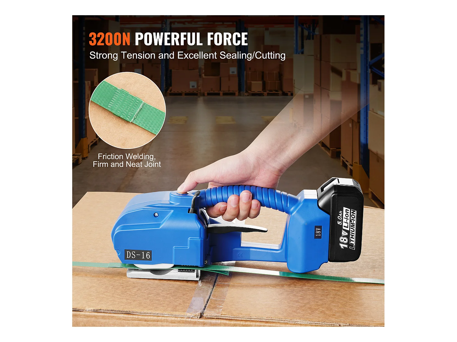 Flejadora Eléctrica Automática SucceBuy, Bandas PP/PET 0,89-1,6cm, Herramienta de Flejado Automática Alimentada por Batería 2 x 5000 mAh