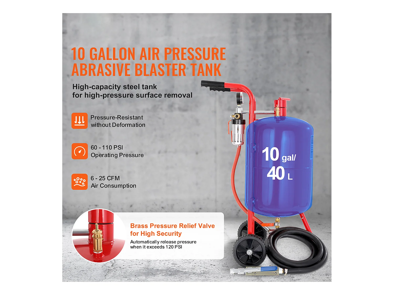 Máquina Pulidora de Arena de 10 galones SucceBuy, Pulidora de Arena Neumática Portátil, Abrasivo para Medios, 60-110 PSI