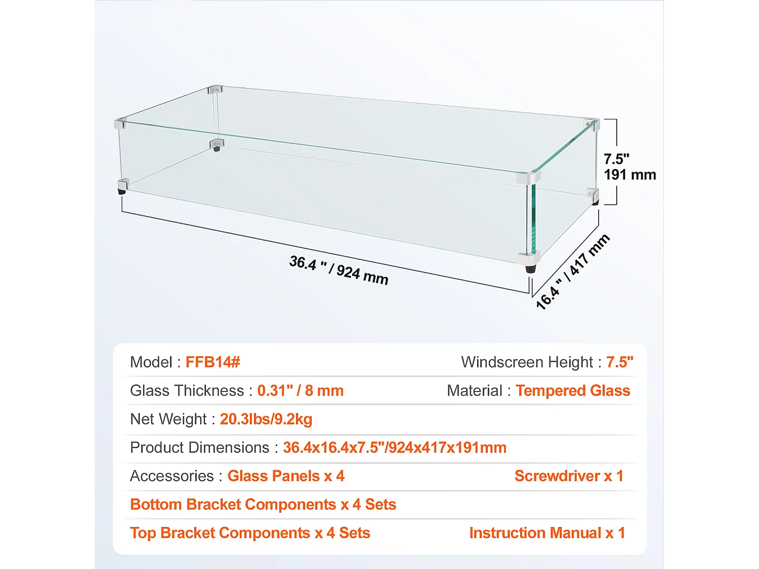 Voorruit SucceBuy Gehard Glazen Haard Windscherm 924 x 417 x 191 mm, 8 mm Dik