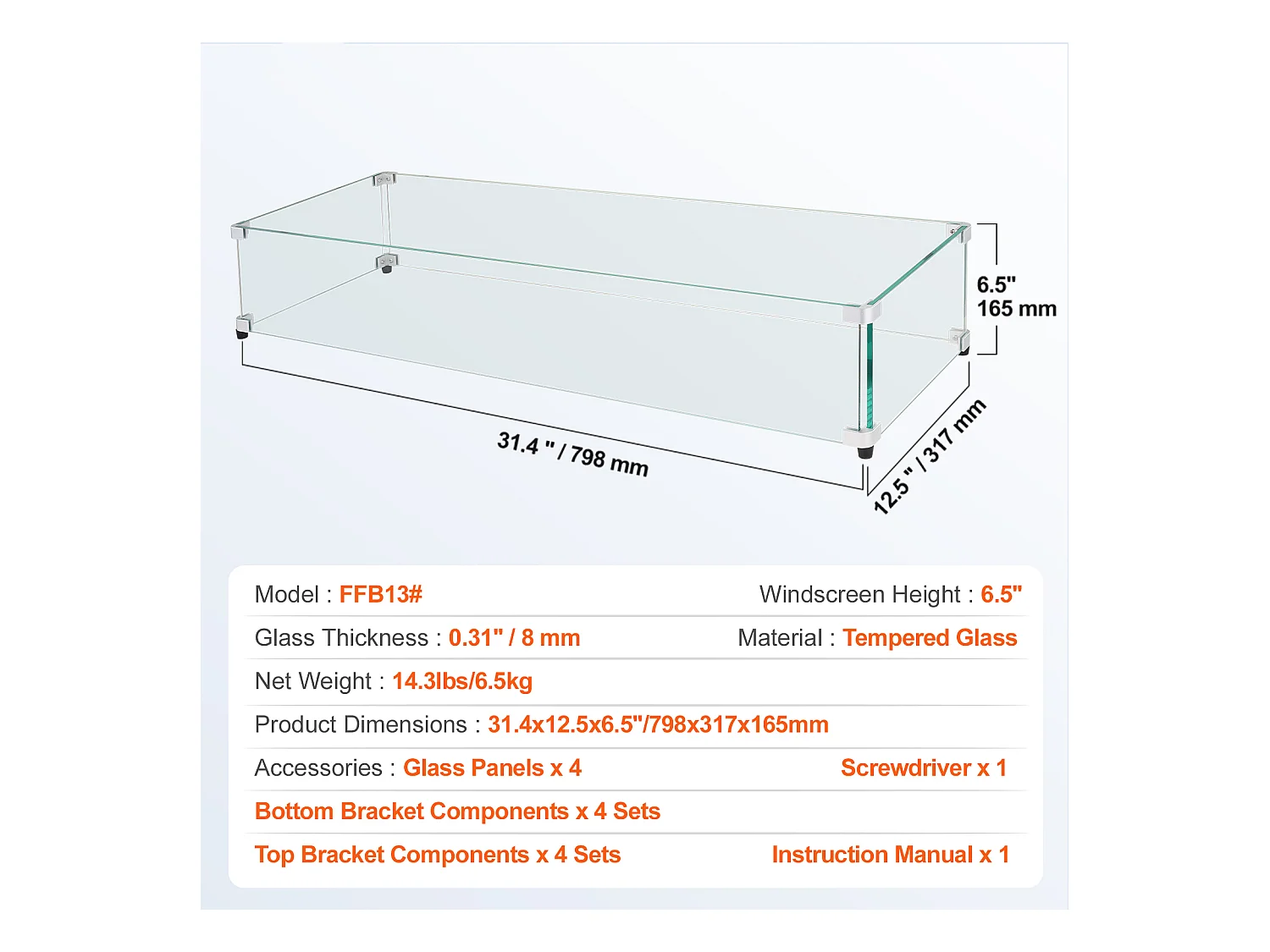 Przednia Szyba SucceBuy Osłona Przeciwwiatrowa ze Szkła Hartowanego do Kominka 798 x 317 x 165 mm, Grubość Osłony 8 mm