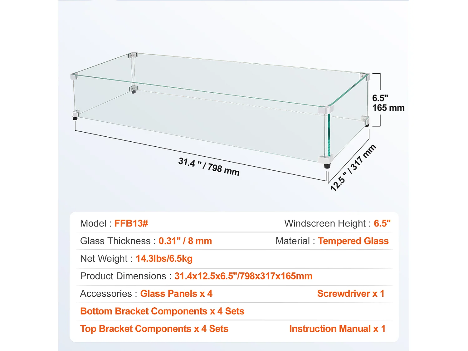 Pare-Vent SucceBuy Pare-Vent pour Foyer en Verre Trempé 798 x 317 x 165 mm, Bouclier de 8 mm D'épaisseur