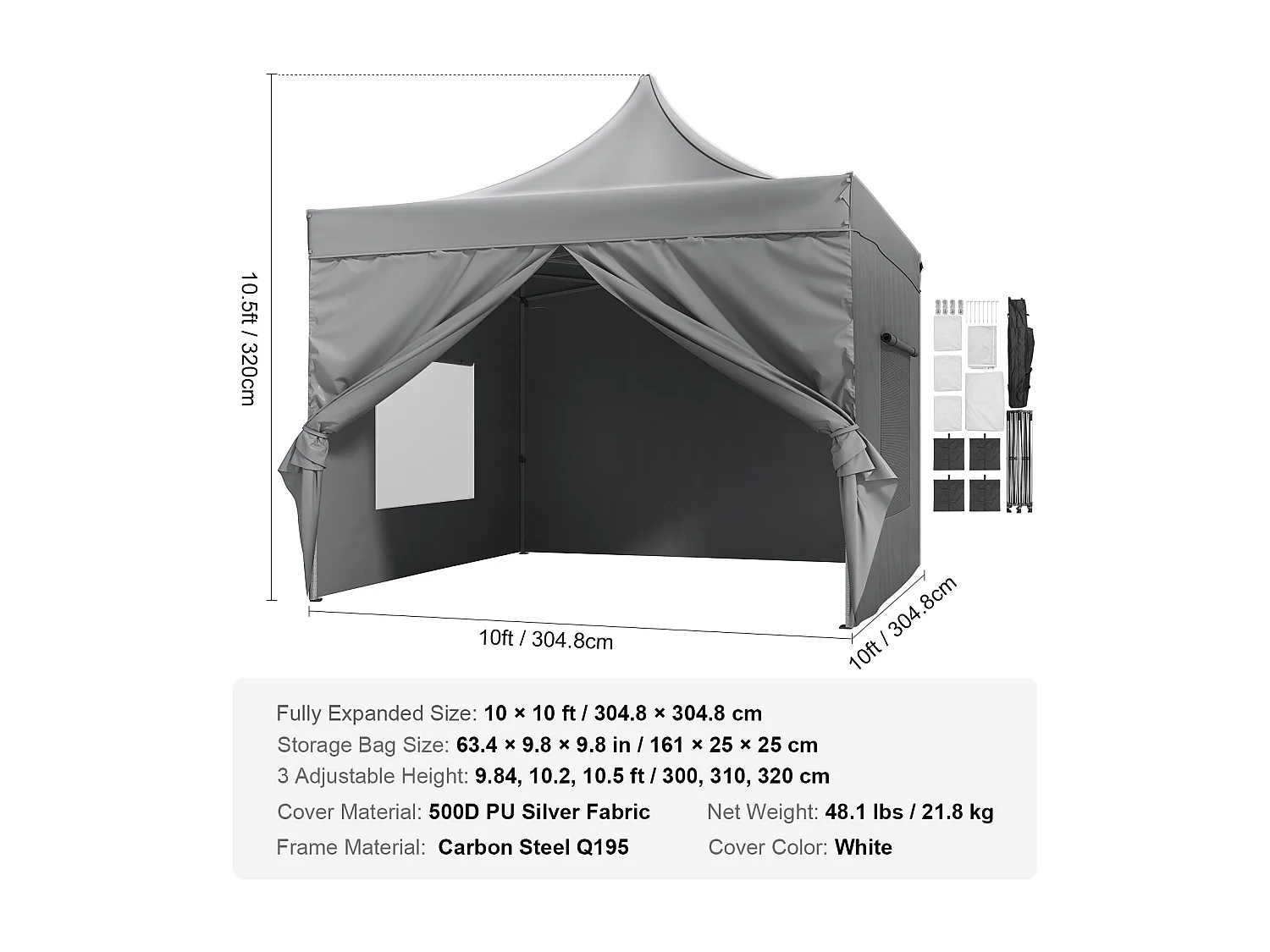 Tonnelle Barnum Pop-up, SucceBuy Tente à Baldaquin Escamotable 304.8x304.8 CM avec Parois Latérales pour une Utilisation en Extérieur Gris Foncé