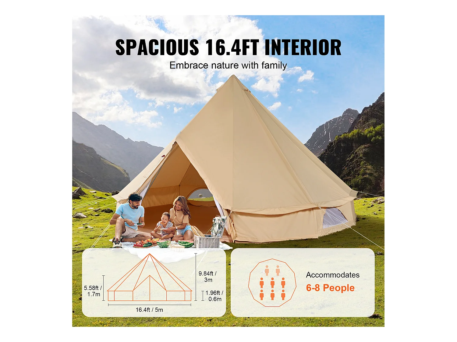 Tente Cloche Toile SucceBuy 4 Saisons 5 m pour Camping Familial avec Trou de Poêle