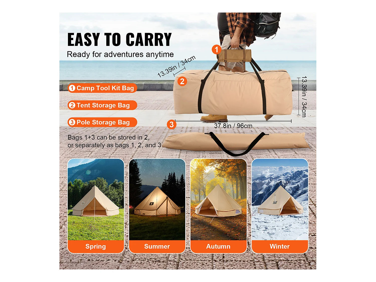 Tente Cloche Toile SucceBuy 4 Saisons 5 m pour Camping Familial avec Trou de Poêle