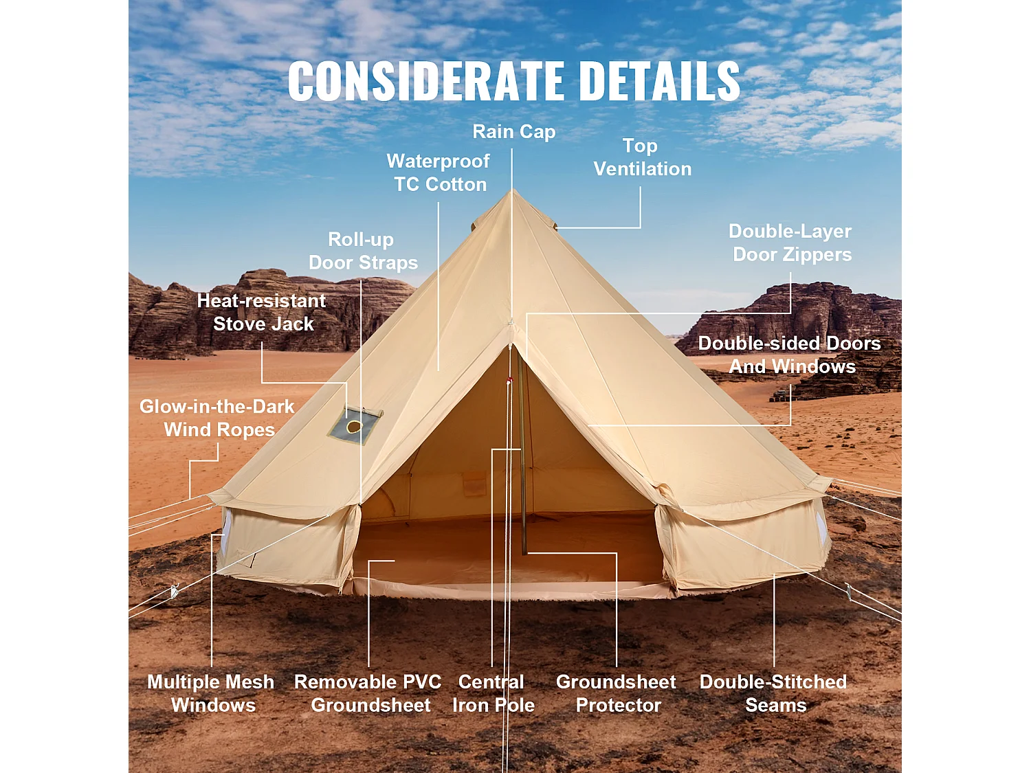 Tente Cloche Toile SucceBuy 4 Saisons 5 m pour Camping Familial avec Trou de Poêle