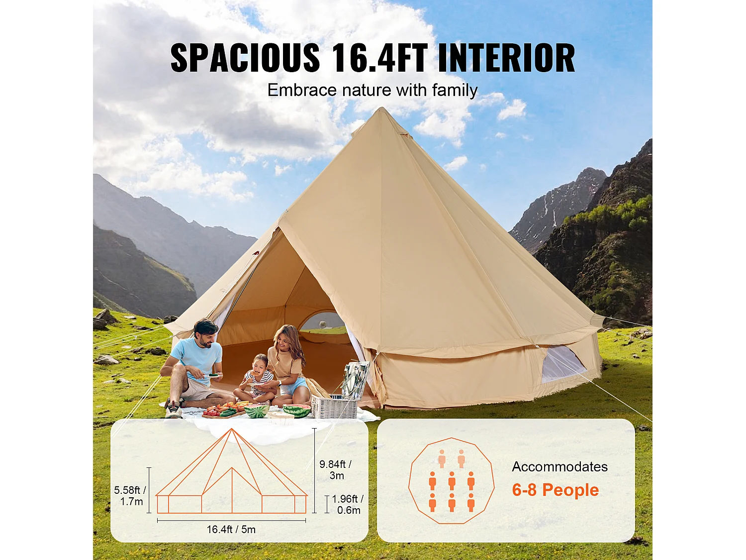 Tente Cloche Toile SucceBuy 4 Saisons 5 m pour Camping Familial avec Trou de Poêle