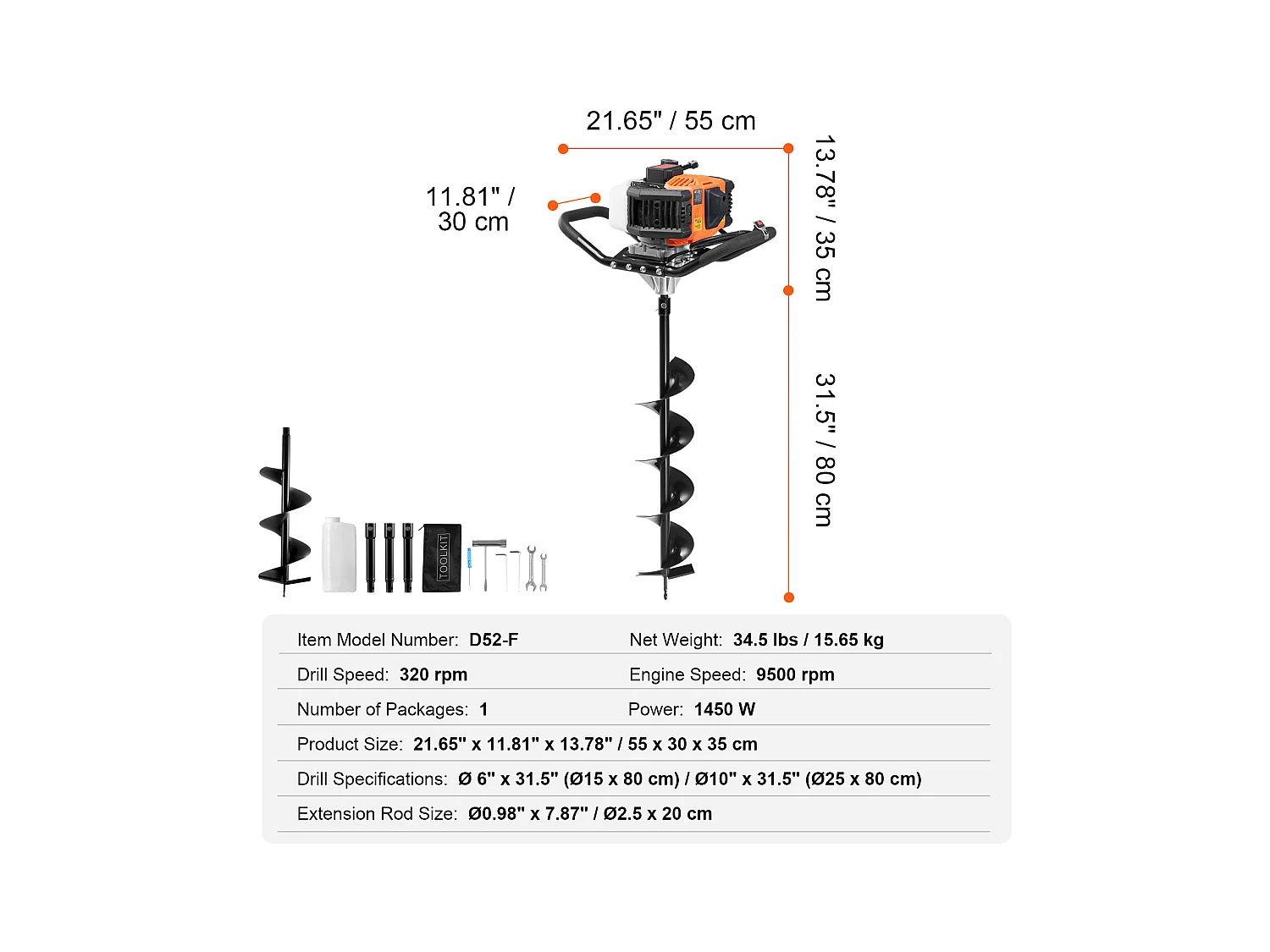 Tarière À Gaz SucceBuy 52CC 1450W Avec Forets De 15.2cm Et 25.4cm Et 3 Tiges D'Extension