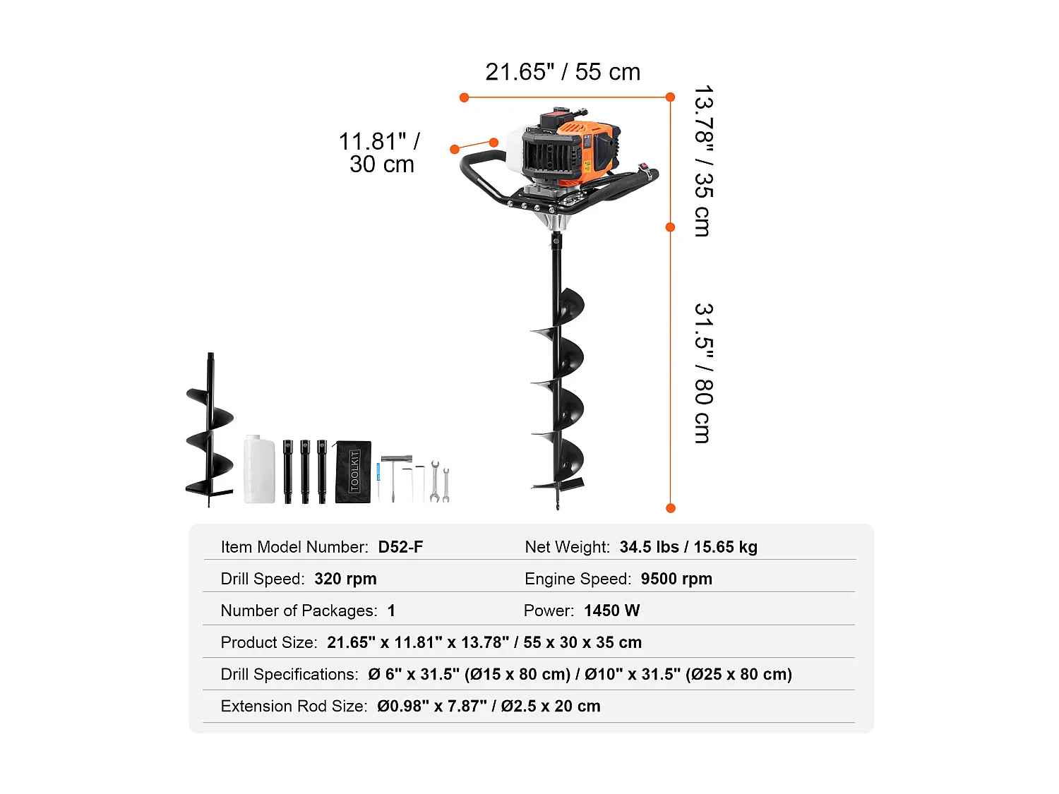 Tarière À Gaz SucceBuy 52CC 1450W Avec Forets De 15.2cm Et 25.4cm Et 3 Tiges D'Extension