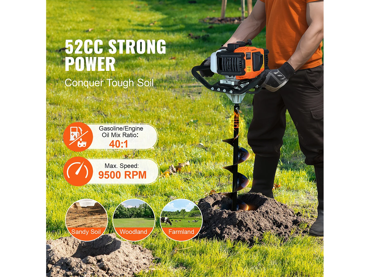 Tarière À Gaz SucceBuy 52CC 1450W Avec Forets De 15.2cm Et 25.4cm Et 3 Tiges D'Extension