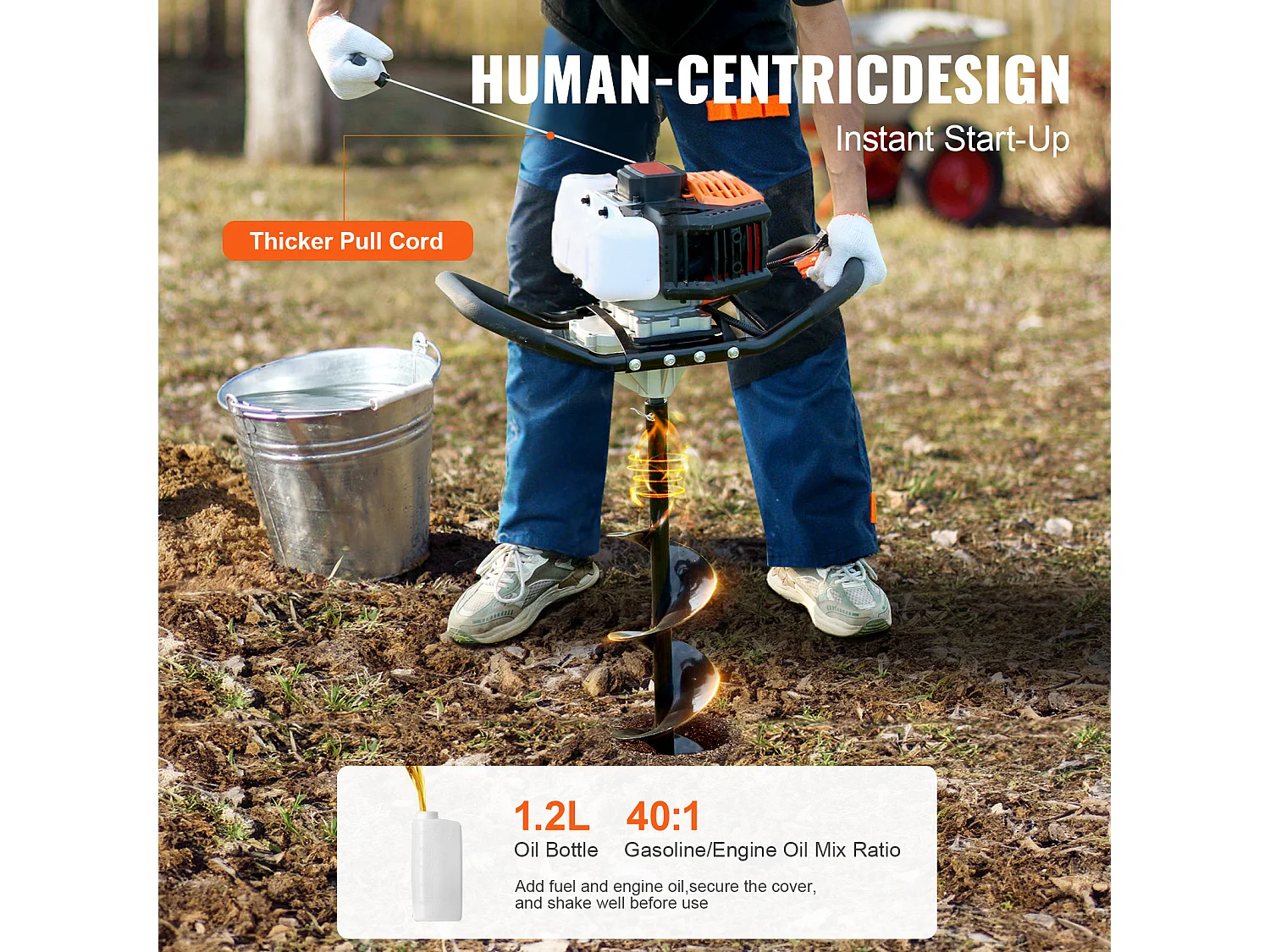 Tarière À Gaz SucceBuy 52CC 1450W Avec Forets De 15.2cm Et 25.4cm Et 3 Tiges D'Extension