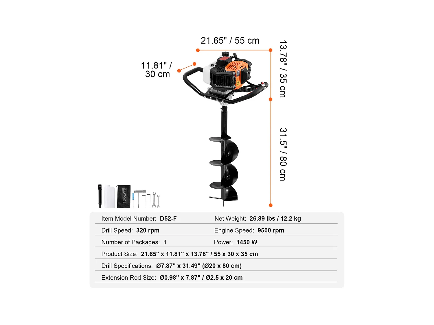 Tarière à Essence Thermique, SucceBuy Tarière à Gaz 52CC 1450W Avec Forets de 20.32 CM