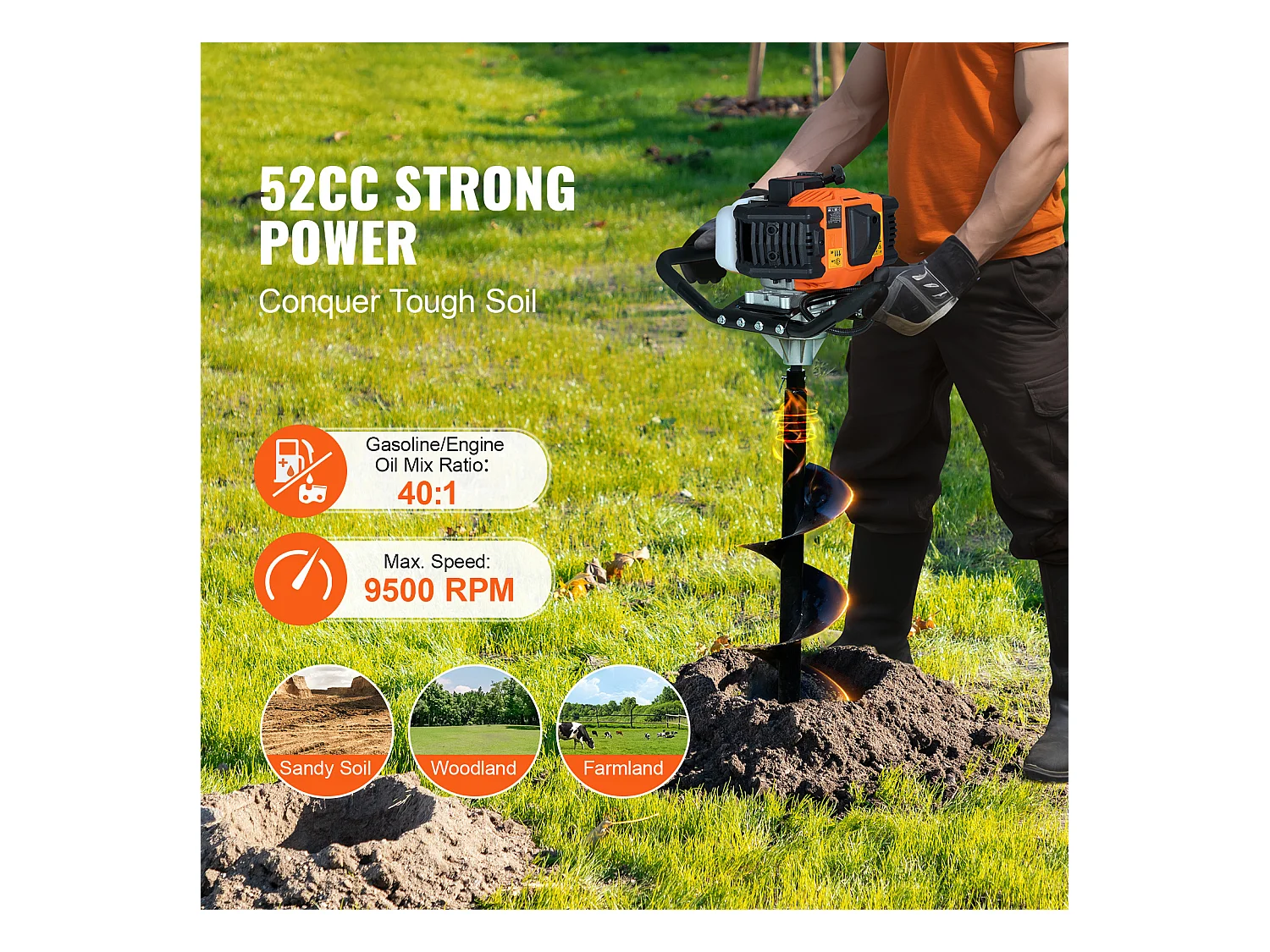 Tarière à Essence Thermique, SucceBuy Tarière à Gaz 52CC 1450W Avec Forets de 20.32 CM