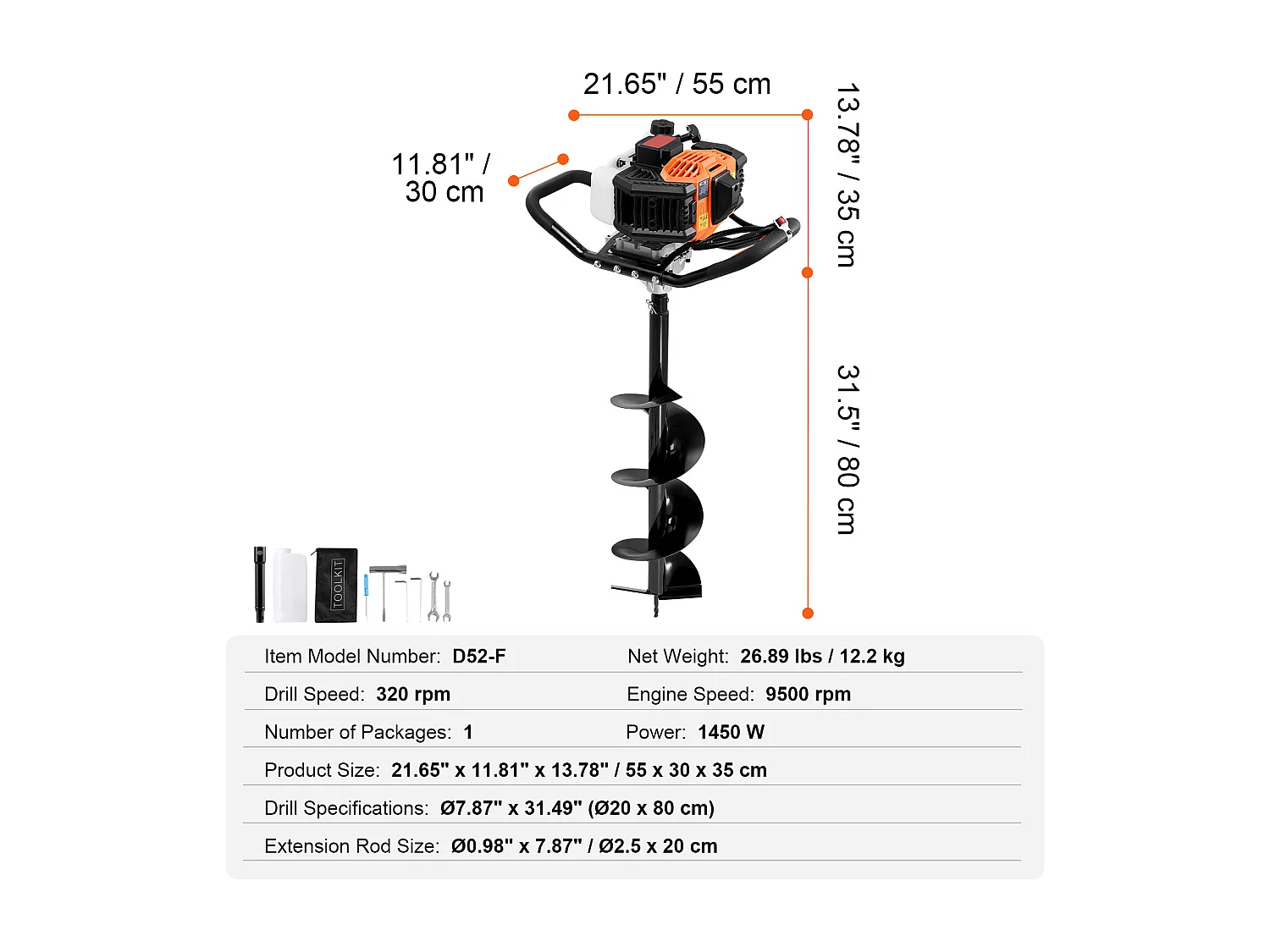Tarière à Essence Thermique, SucceBuy Tarière à Gaz 52CC 1450W Avec Forets de 20.32 CM