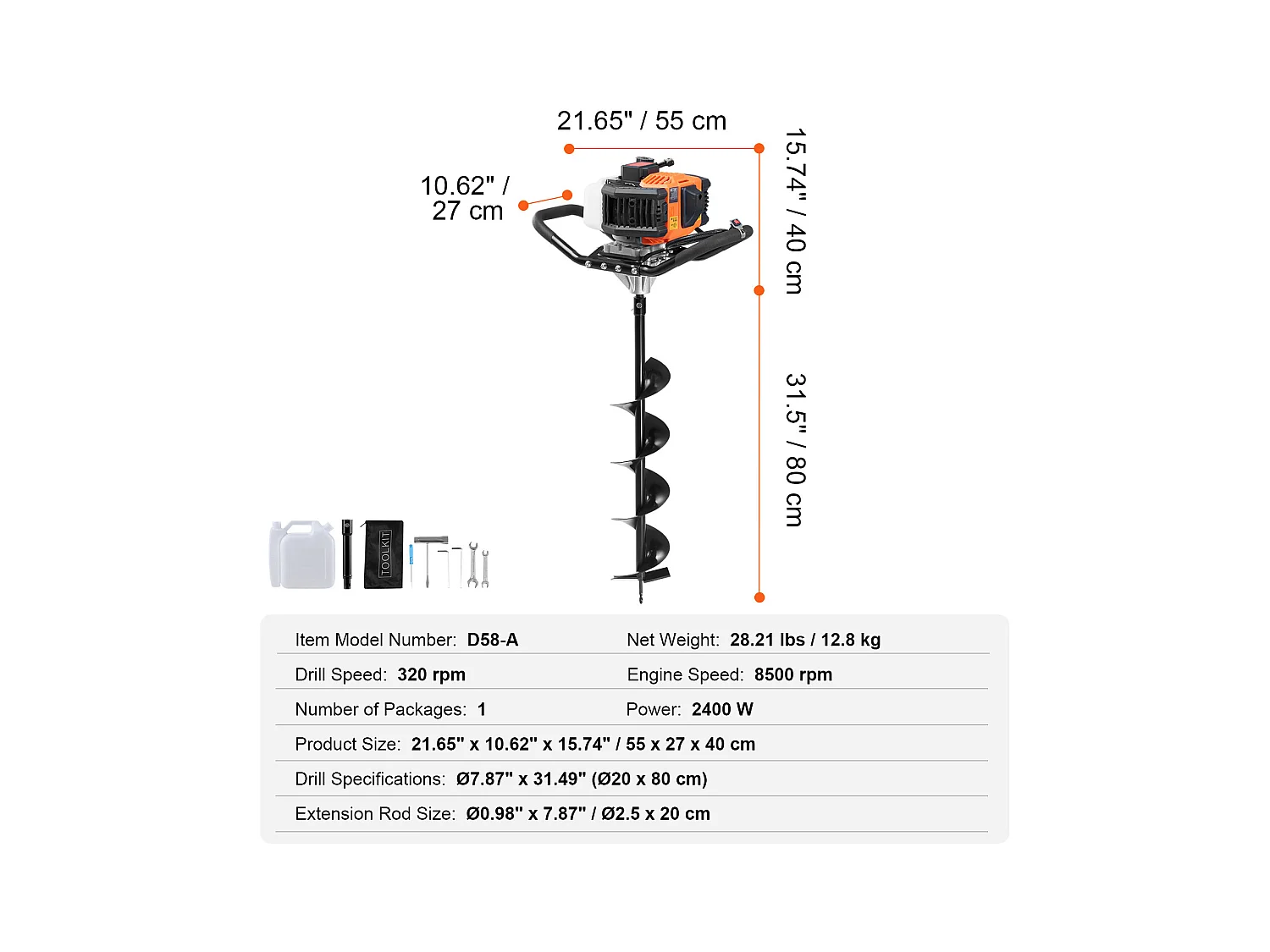 Tarière à Essence Thermique, SucceBuy Tarière à Gaz 63CC 2400W Forets 20.32 CM et Tige D'extension